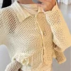 Woman wearing Korean lace hollow cardigan outdoors, smiling (1).