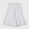 White lace summer skirt with hollow detailing displayed in sunlight (2).