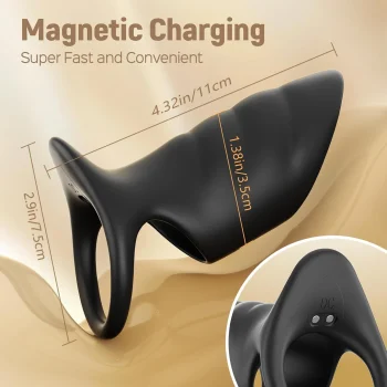 Black silicone penis extender ring vibrator with 10 vibration modes for men and couples, shown on plain background (4).