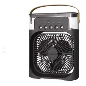 Portable air conditioner featuring a sleek black and white design, also functioning as a rechargeable fan.
