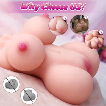 Lifelike male masturbator toy with silicone female torso, boobs, and vagina, displayed on a plain background (3).