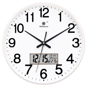 Versatile white-bordered wall clock with a classic look and digital features.