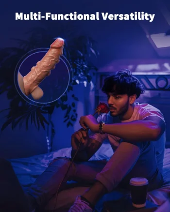 Black silicone vibrating penis sleeve with control button and USB cable on a plain background (3).