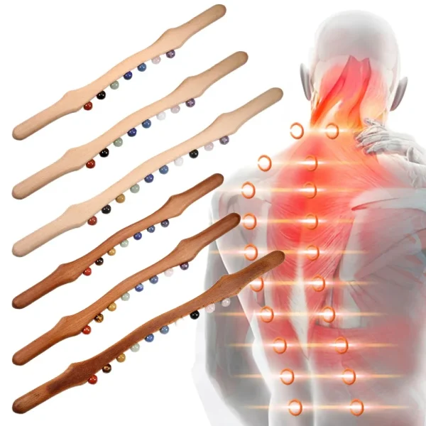 Wood Massage Stick with Jade Beads for Gua Sha & Body Scraping