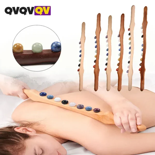Wood Massage Stick with Jade Beads for Gua Sha & Body Scraping