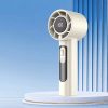White mini portable fan with digital display showing battery and speed.